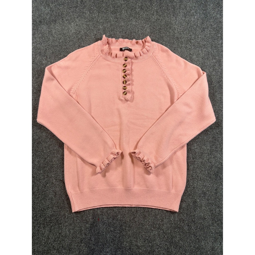 BTFBM Pink Ruffle Henley Knit Sweater Tortoise Button Womens Medium Preppy